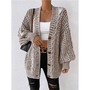Space Dye Drop Shoulder Cable Knit Lantern Sleeve Cardigan
